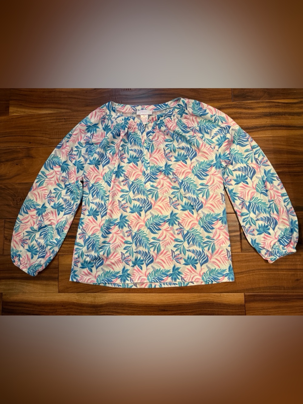 Women’s Tropical Leaf Print V-Neck Blouse in Pink & Blue